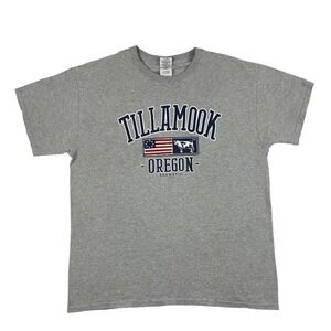 Gildan Tillamook Oregon Highway 101 USA Flag Graphic T-Shirt Men's Large Gray